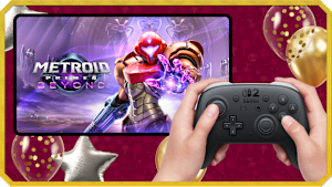 Gamer holding Pro Controller with Metroid Prime on TV screen